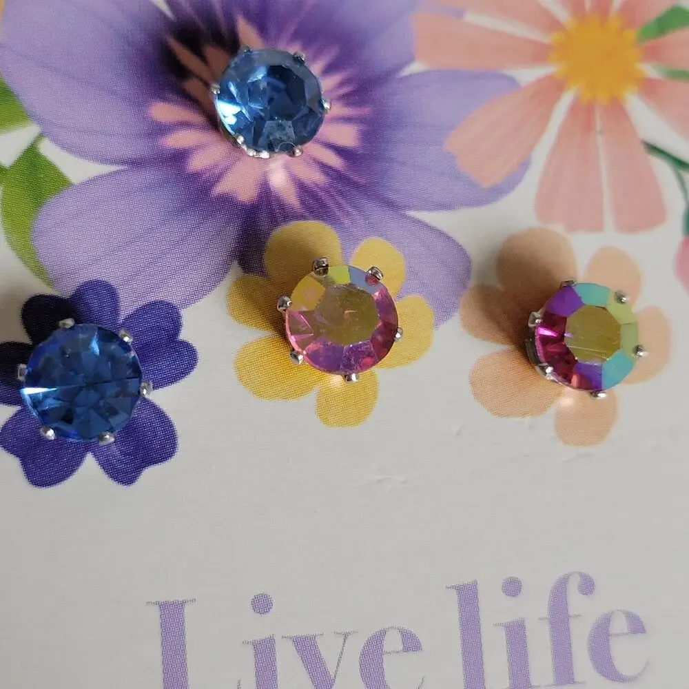 NWOT 2 Pair Fashion Post Pierced Surgical Steel Earrings Round Iridescent/Blue